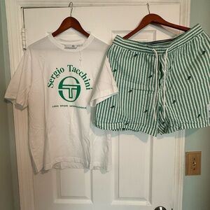 Sergio Tacchini White Tee with Green Logo & Green-White Striped Shorts